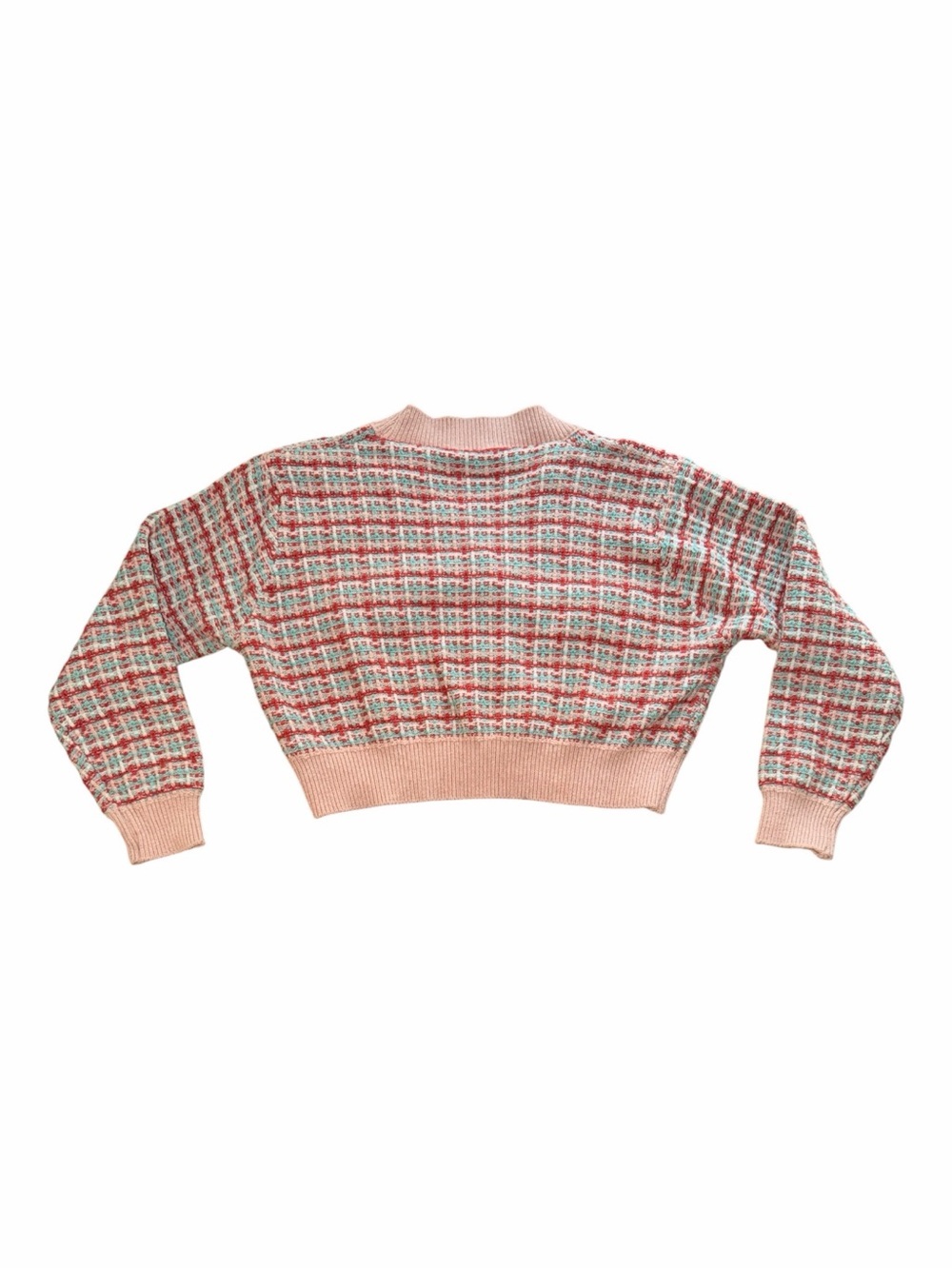 Cropped Pink Plaid Knit Cardigan with Decorative Buttons - Picture 2 of 9